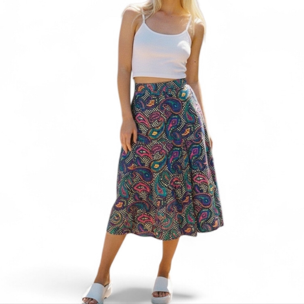 Vintage 80s/90s Colorful Paisley & Checkered Midi Skirt - Vibrant & Flowy - Sz M